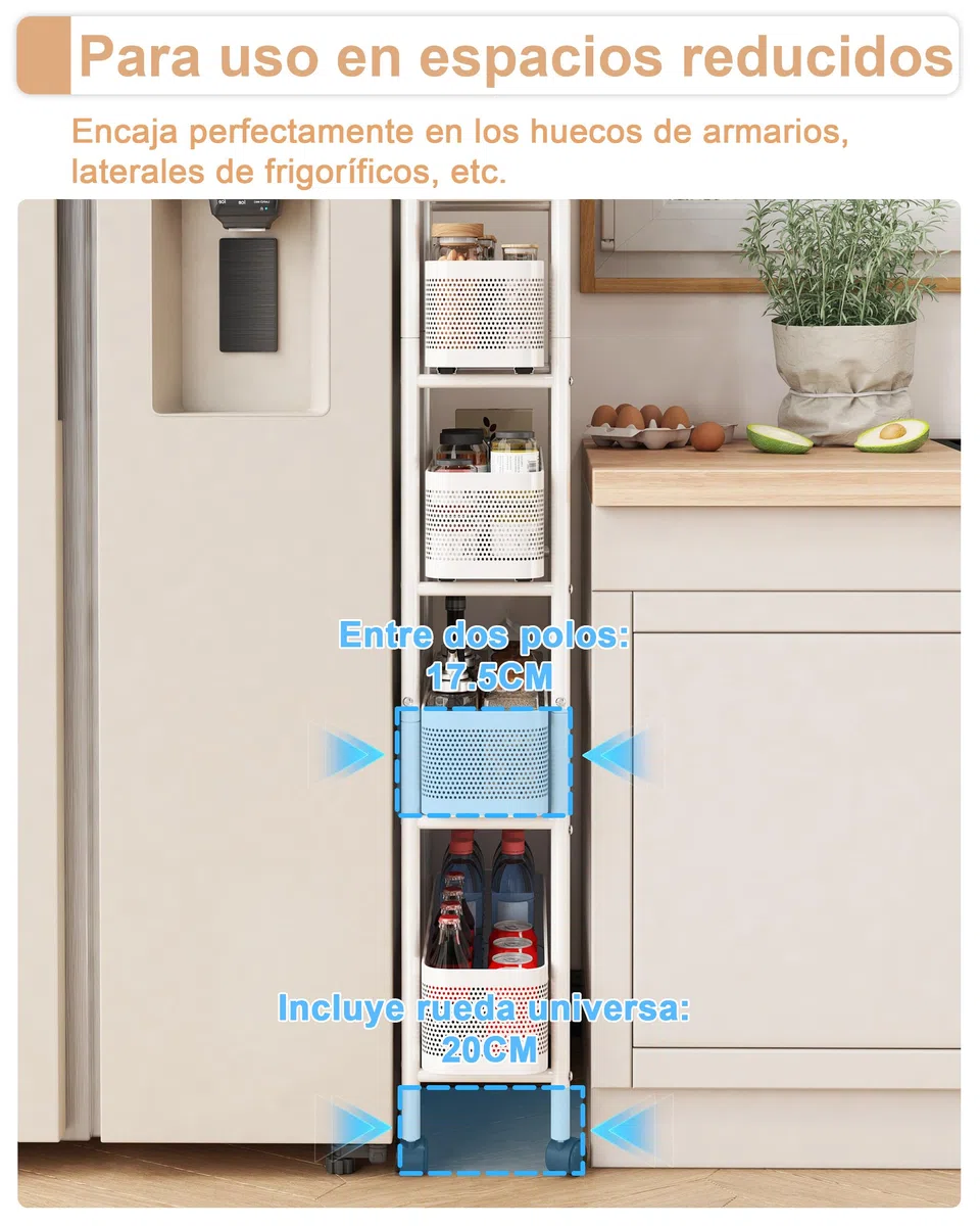 UMDONX Carrito auxiliar con ruedas con cajones extraíbles, Carro de servicio de 5 niveles, Carrito Cocina Ahorra Espacio Estanteria Estrecha Carrito Cocina para cocina, baño, dormitorio, salón(Blanco)
