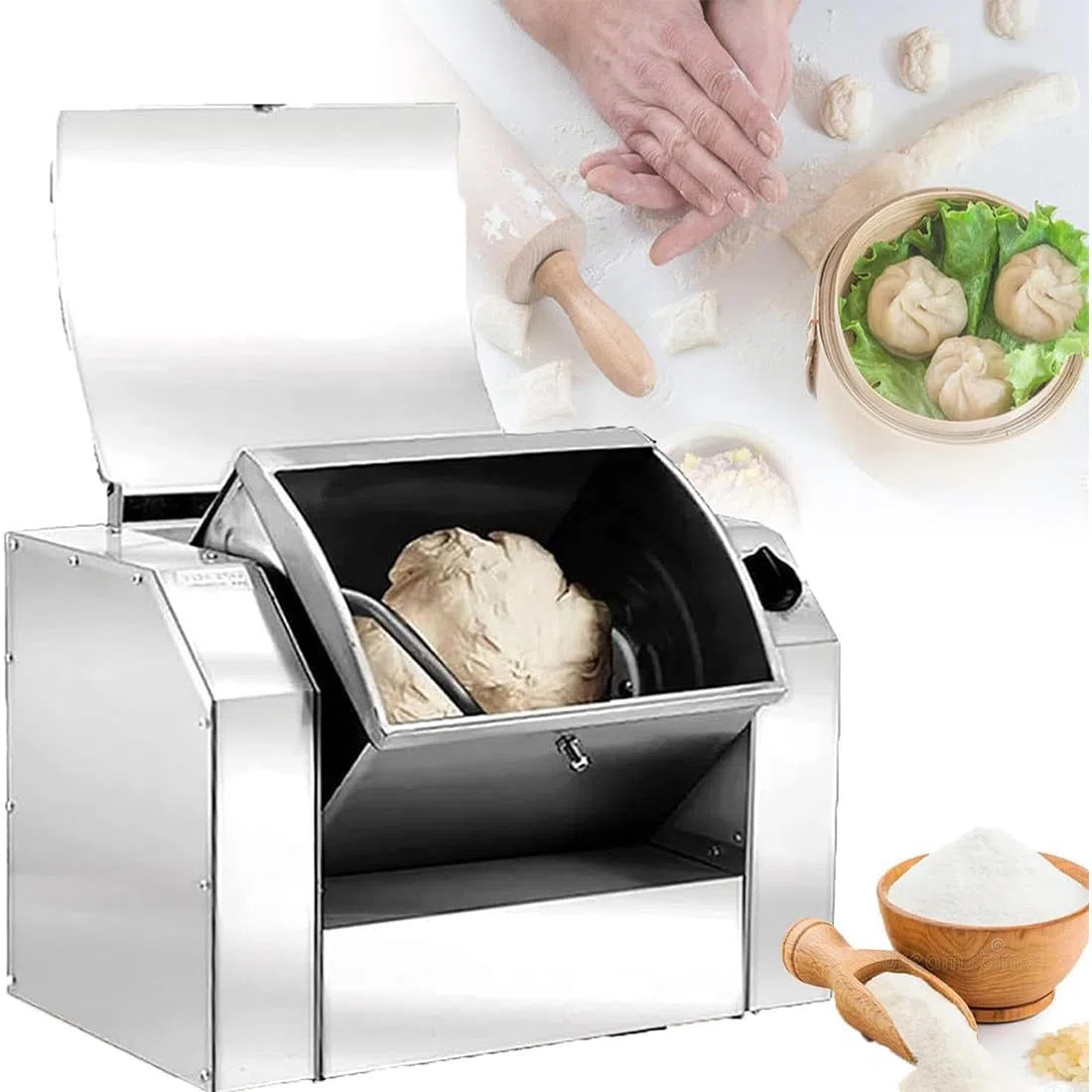 Batidora De Masa Eléctrica Comercial 5KG, Máquina Mezcladora Amasadora De Harina Acero Inoxidable 1500W, Licuadora De Verduras con Tazón Inclinable 90 °, Equipo De Cocina Profesional