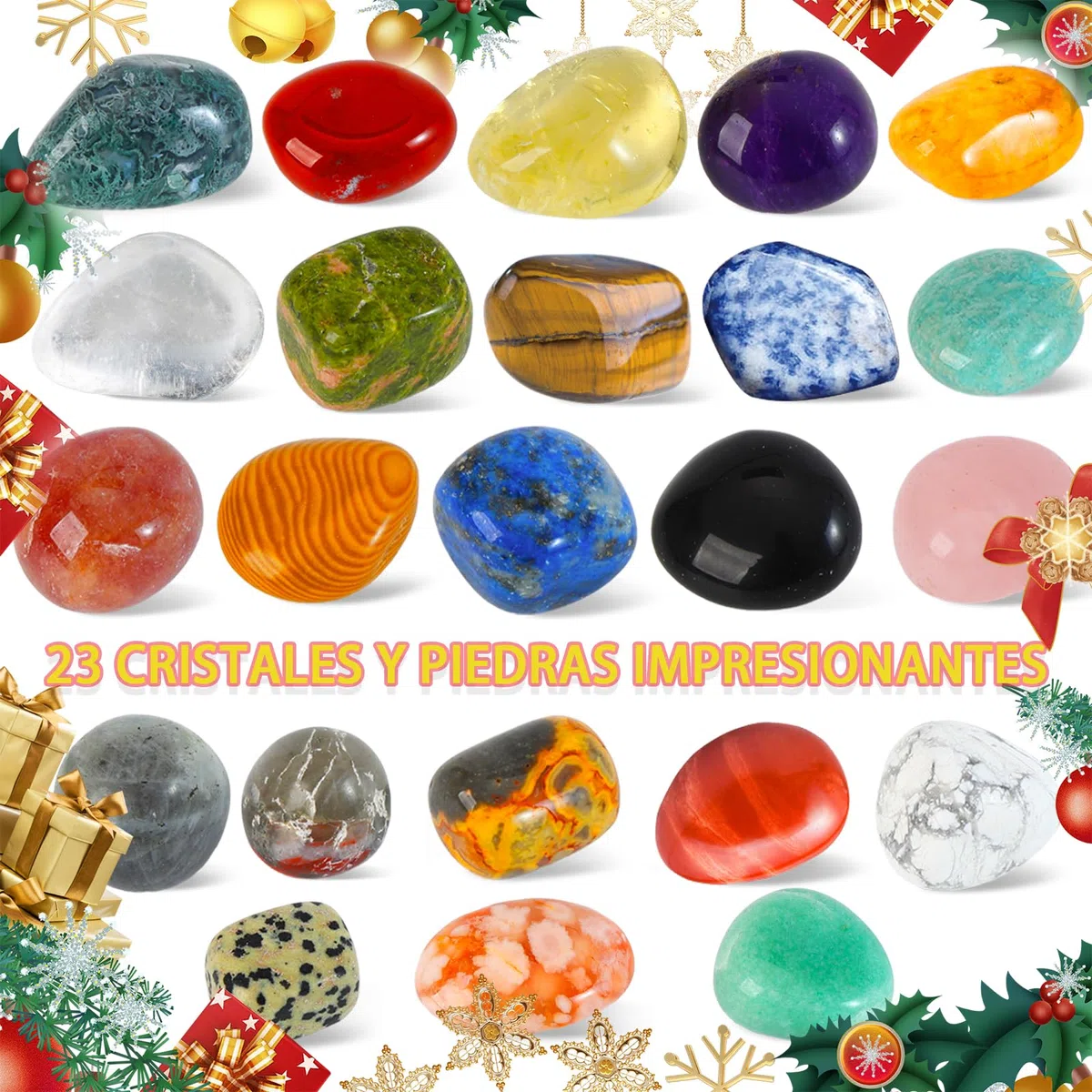 Calendario de Adviento de cristal 2025, 24 sorpresas con árbol de cristal de chakra, 23 rocas naturales y piedras preciosas para aprender, coleccionar, calendario de Adviento de Navidad, regalo para