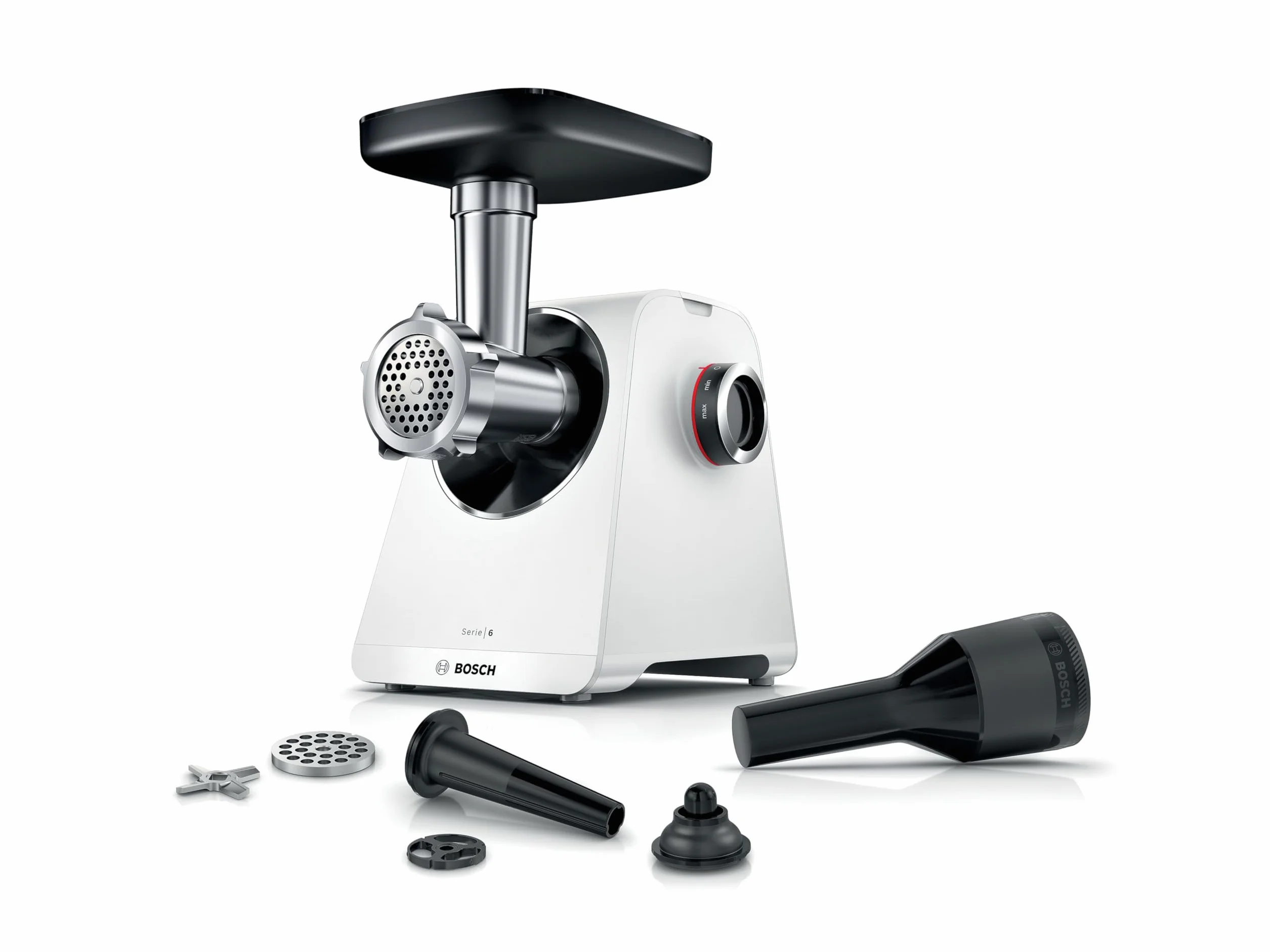 Bosch Serie 6 MFWS607W - Picadora de carne (3,5 kg/min, 2 discos perforados (4,5 y 8 mm), 2 niveles, retorno, apisonador de salchichas, accesorio para kebbe, garantía de motor de 10 J, engranaje