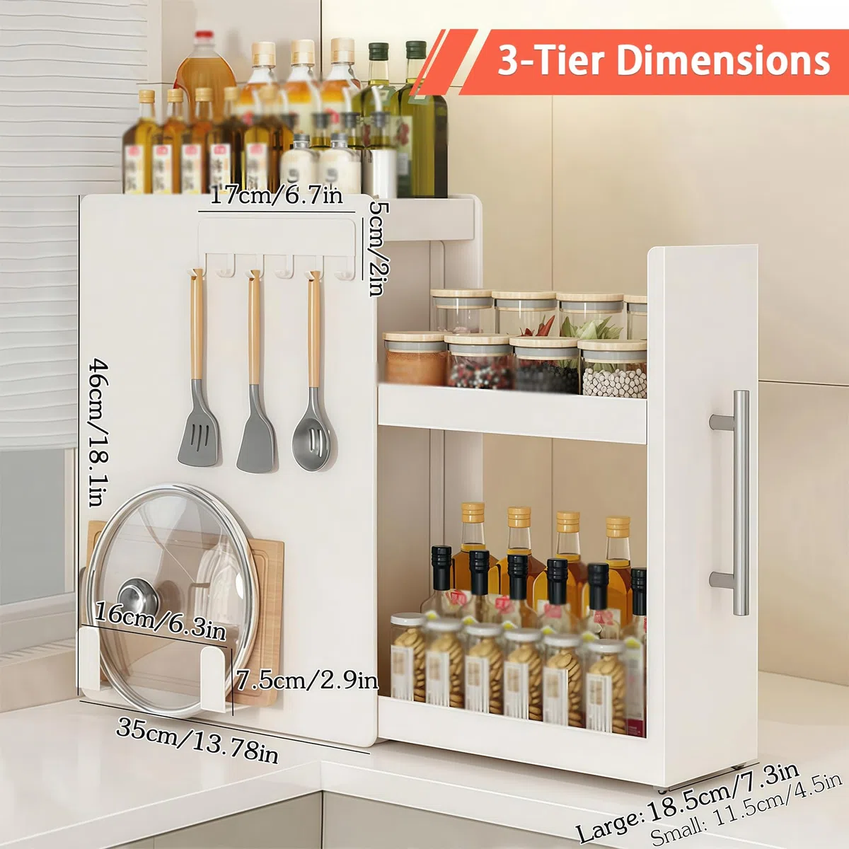 Estante de especias para condimentos, estante de almacenamiento de metal resistente de 2/3 niveles con cajón, organizador vertical deslizante para condimentos y especias de cocina