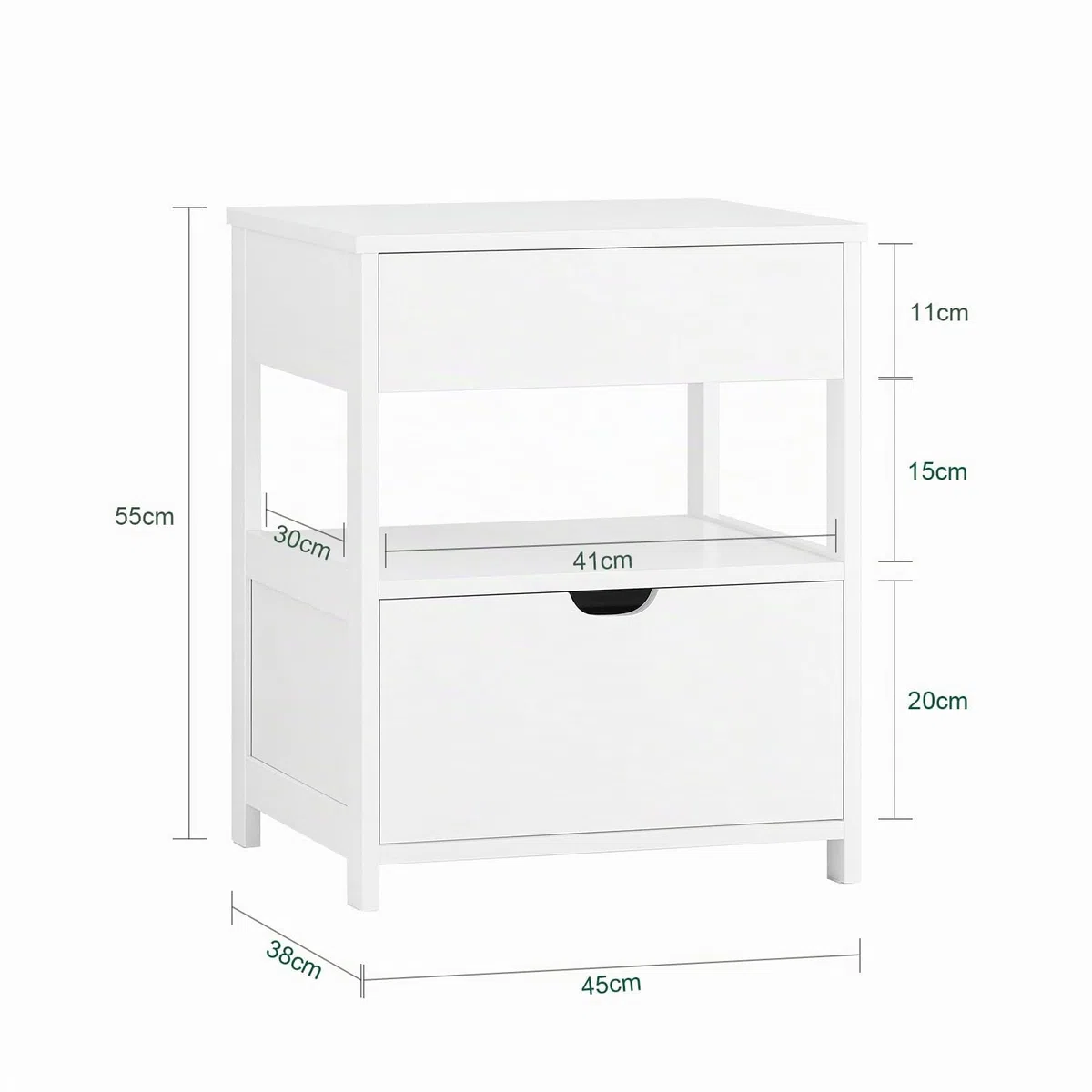 SoBuy Mesita de Noche con 2 cajones y Estante, Mesa Auxiliar, Moderno Mesa de Noche Dormitorio, 45 x 38 x 55 cm, Blanco, FRG258-II-W