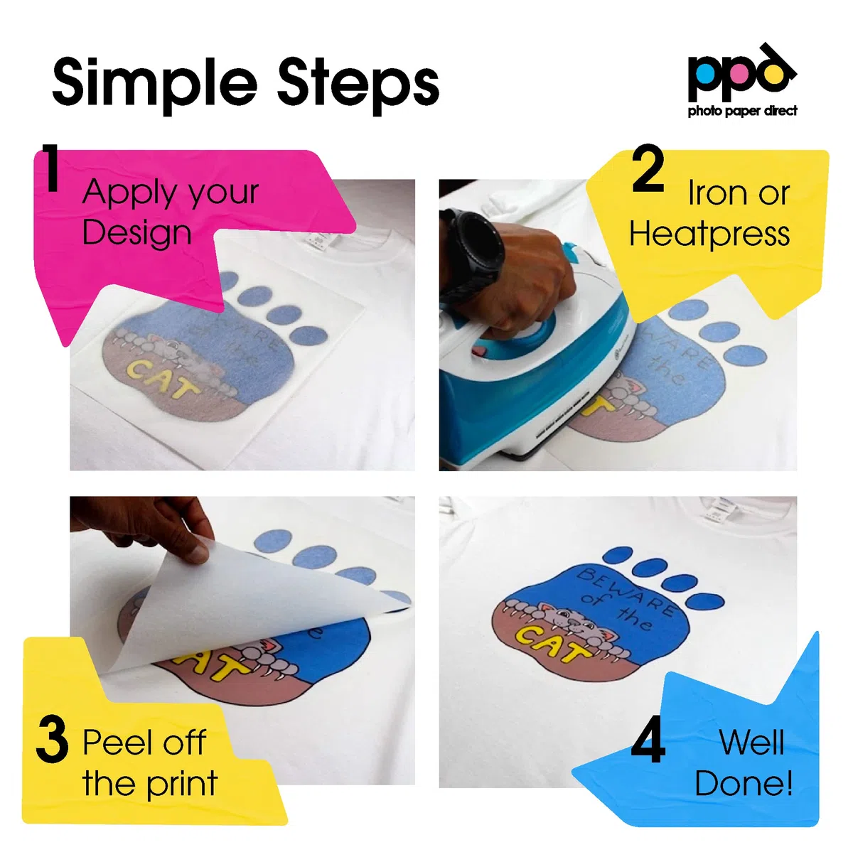 PPD A4 x 100 Hojas de Papel de Transferencia Térmica Para Camisetas, Mascarillas y Tejidos Blancos o Claros - Para Impresora de Inyección de Tinta Inkjet - PPD-1-100