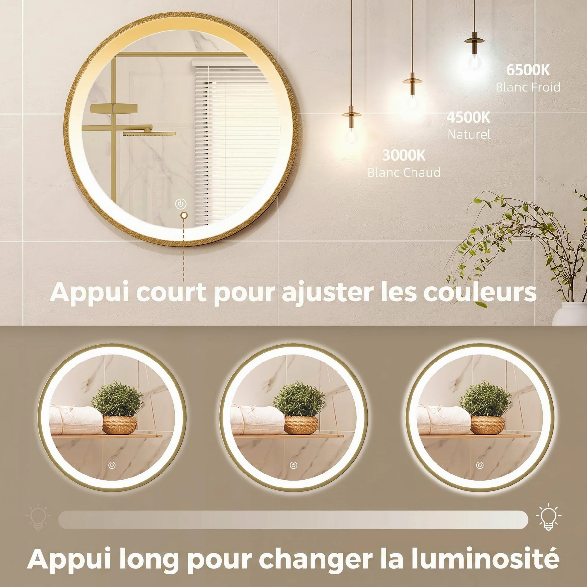 HOMCOM Espejo de baño con iluminación LED, redondo, 40 cm, espejo de pared con 3 temperaturas de color, intensidad de luz ajustable, interruptor táctil, dorado