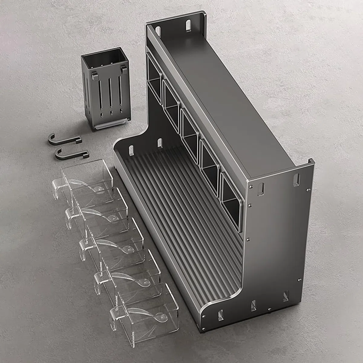 Estante de especias con tarros, estante de almacenamiento de especias montado en la pared con 4 recipientes, gabinete de especias para condimentos para encimera y gabinete