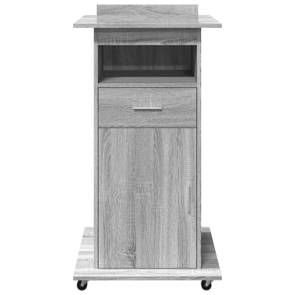 Atril con ruedas y cajón, gris Sonoma, 55 x 55 x 107 cm, escritorio de pie móvil con placa superior inclinable y espacio de almacenamiento para presentaciones y oficina de material de madera