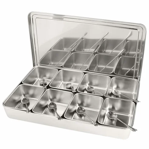 Organizador de especias de metal de alta calidad, 8 compartimentos, caja de almacenamiento de especias plateada, contenedor esencial para hierbas, condimentos y especias, diseño duradero y elegante
