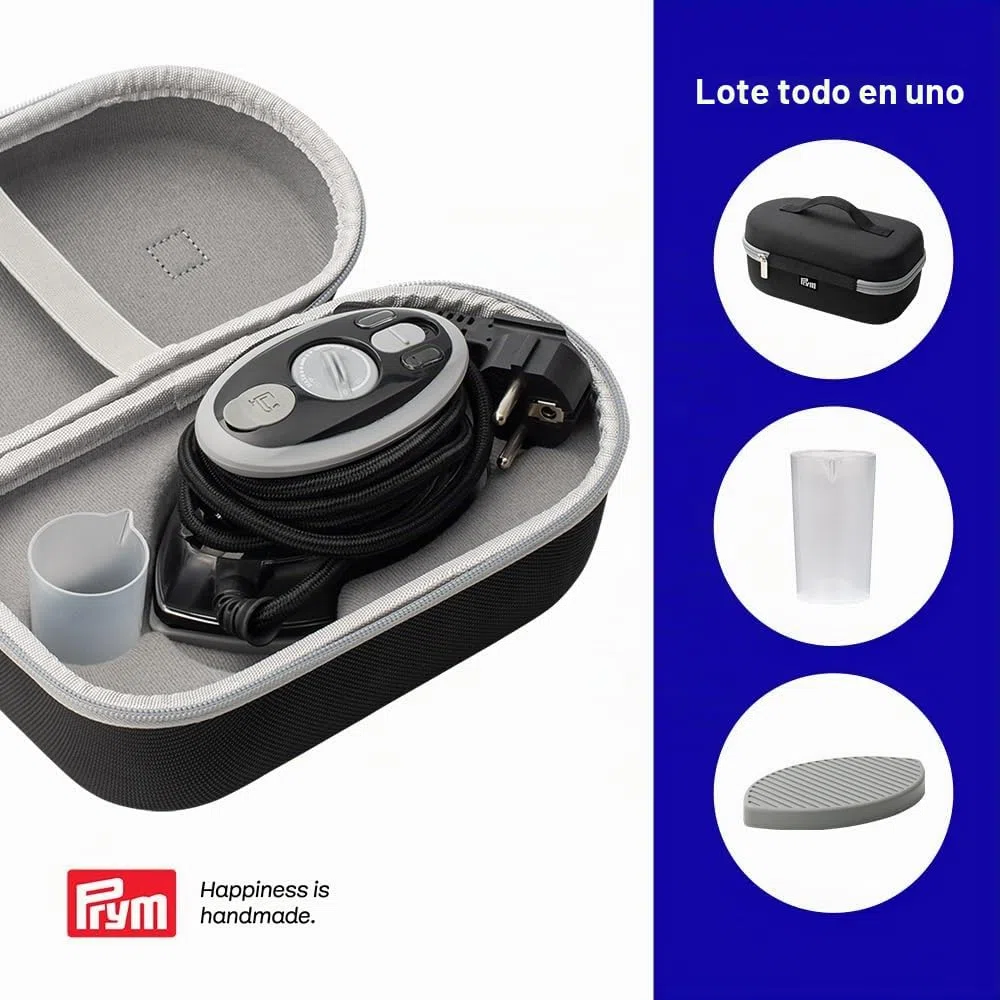 Prym Mini plancha de vapor negra con bandeja de silicona y estuche de almacenamiento, 400 W, temperatura ajustable (110 – 240 V), ideal para costura, patchwork y viajes