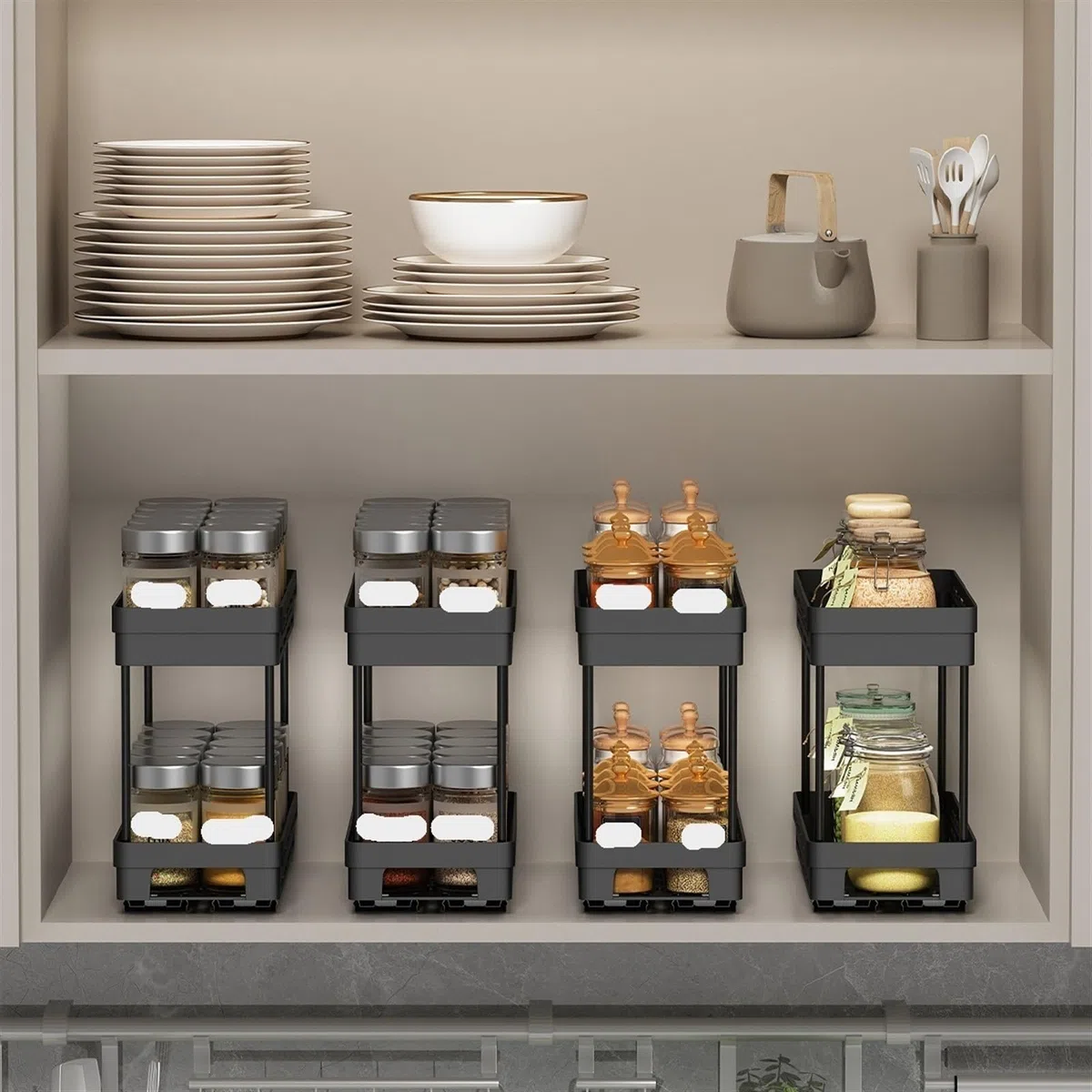 Organizador de especias de doble capa, estante de almacenamiento de plástico duradero para condimentos de cocina, tarros y botellas, solución ideal para especias y condimentos