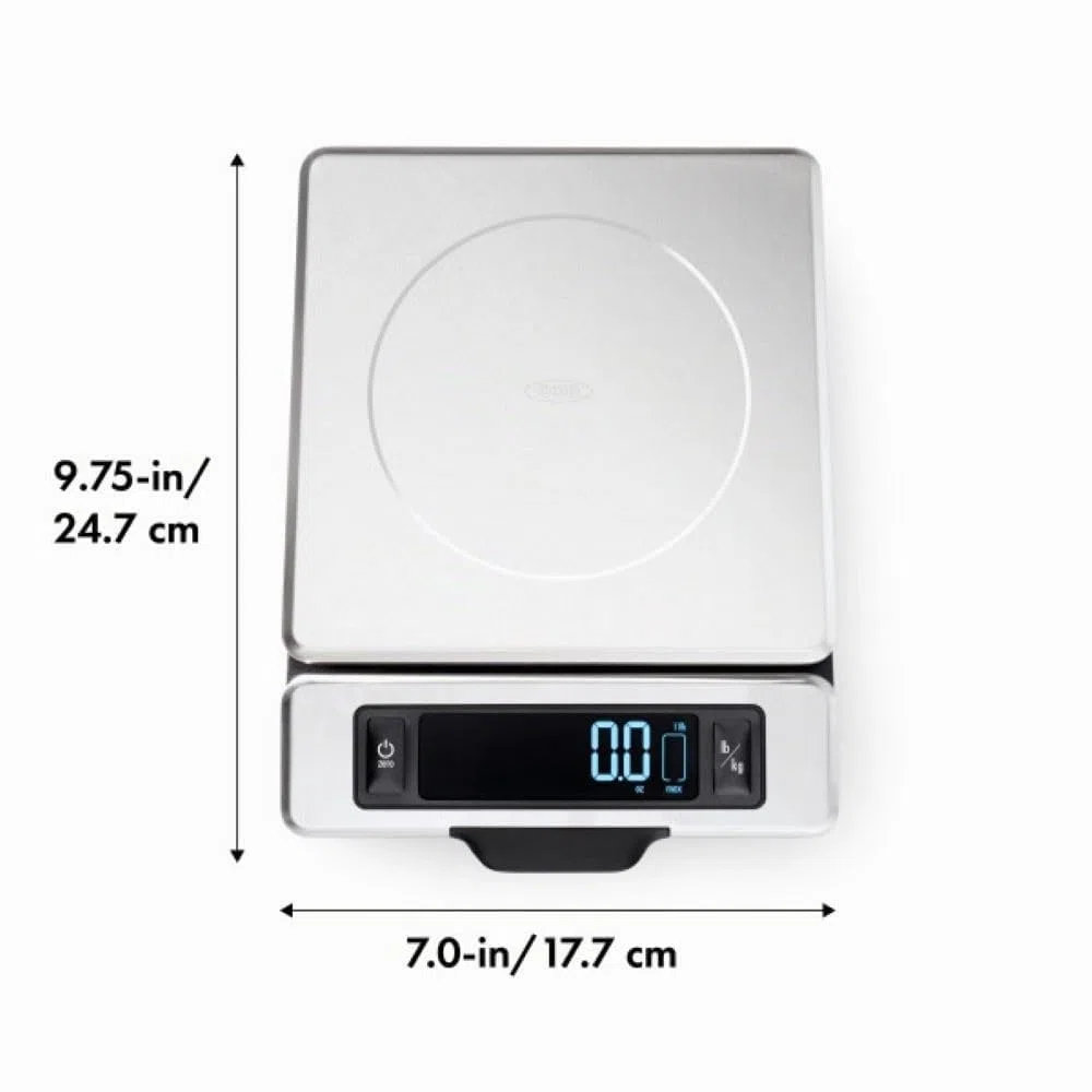 OXO Good Grips Balanza de Cocina de Acero Inoxidable de 5 kg: Pantalla Extraíble para Visualización sin Sombras + Números Digitales Fáciles de Leer + Diseño Compacto