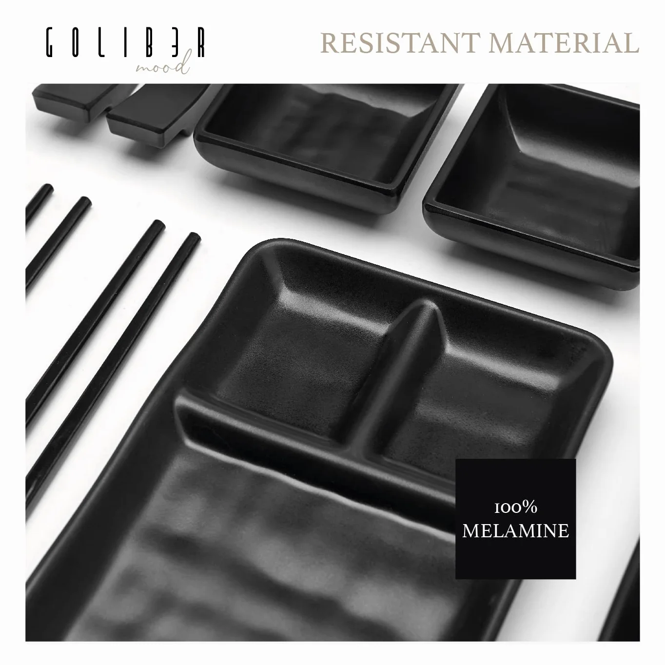 Vajilla Sushi Japonés (8 Piezas) – 2 Platos Individuales (19 X 14 Cm), 2 Tazones Para Salsa, 2 Pares De Palillos, 2 Soportes Para Palillos. En Melamina. Negro
