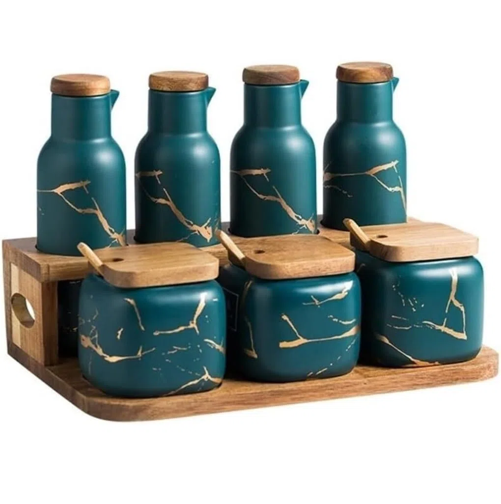SAeWare Caja de condimentos, juego de recipientes para condimentos, olla de especias, caja de condimentos de cerámica con cubierta de cuchara para el hogar, cocina, contenedor de especias, color azul