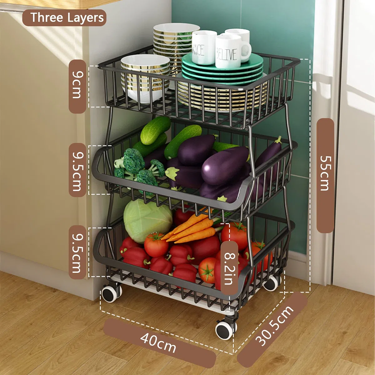 BRIAN & DANY Cestas de Frutas y Verduras Colgantes de 3 Niveles con Rueda-Organizador de La Cesta, 5 pcs S-Hooks, Pizarras Extraíbles, Cocina, Frutas, Verduras, Artículos de Tocador, Negro