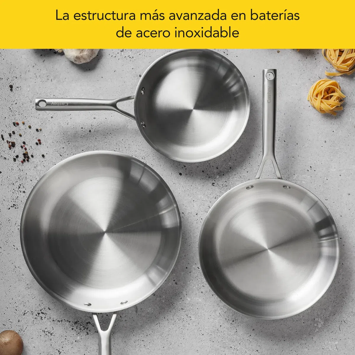 Castey - Sartén de Trimetal Malmö, Modelo M-S28, Tamaño 28 cm, Tricapa de Acero Inoxidable, Base Full Induction, Apta para Todas las Cocinas