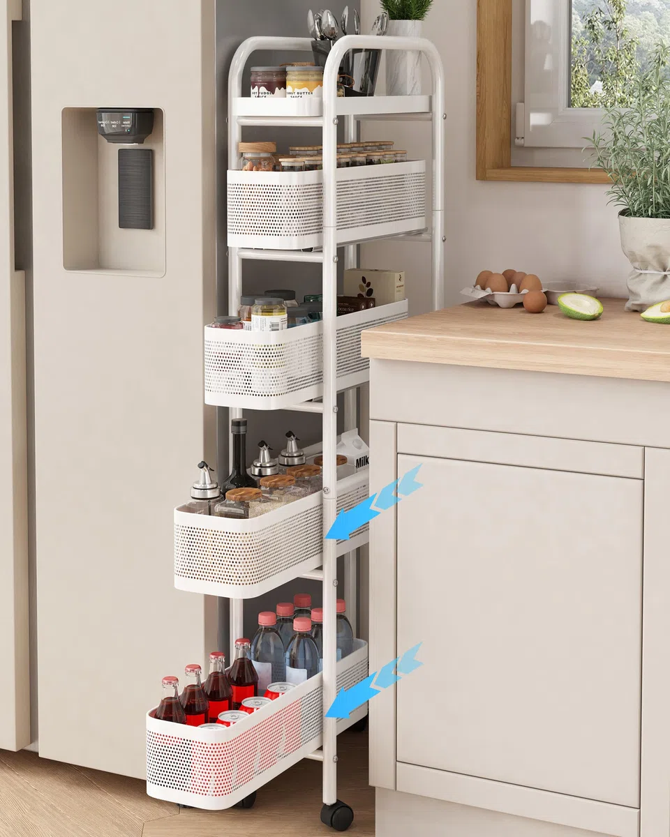 UMDONX Carrito auxiliar con ruedas con cajones extraíbles, Carro de servicio de 5 niveles, Carrito Cocina Ahorra Espacio Estanteria Estrecha Carrito Cocina para cocina, baño, dormitorio, salón(Blanco)