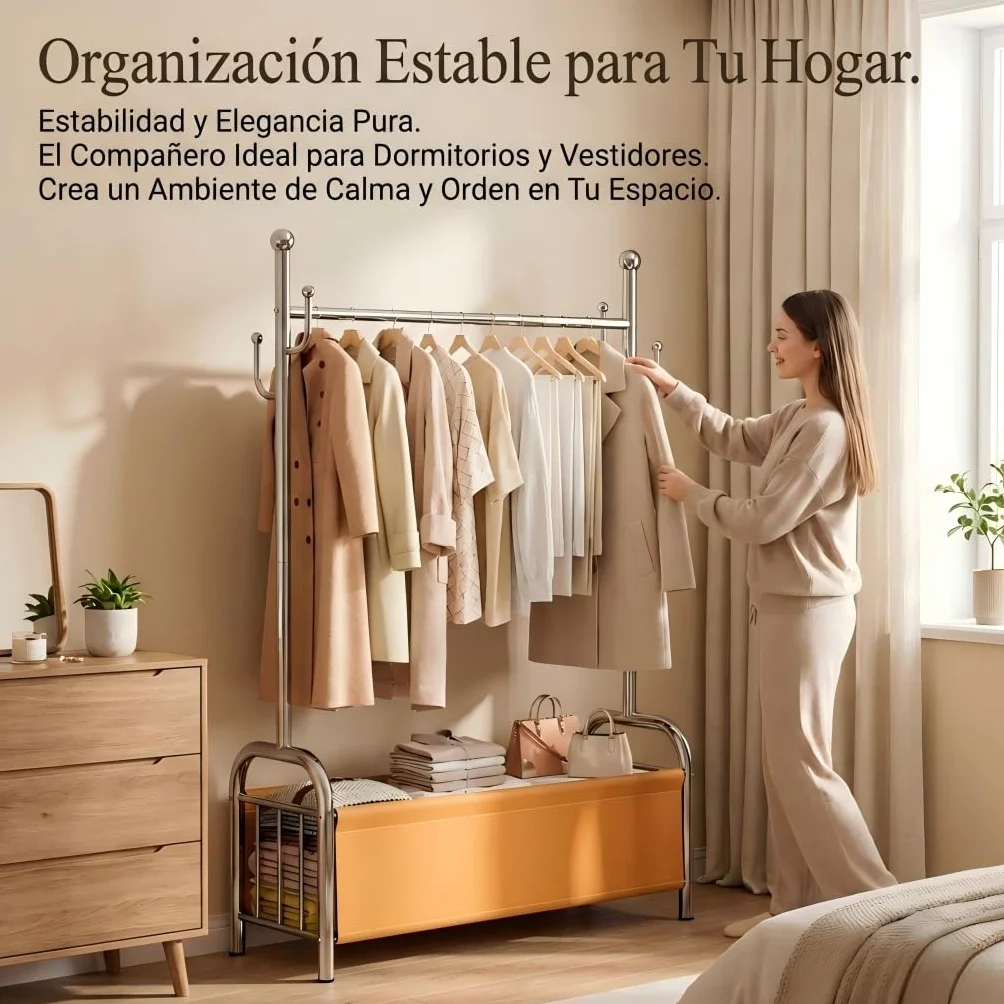 Burro Ropa Resistente de Acero Inoxidable con Cesta de Almacenaje, Perchero Burro Estable, Perchero de Pie, Barra para Ropa Robusta, 3 en 1 Tendedero y Organizador