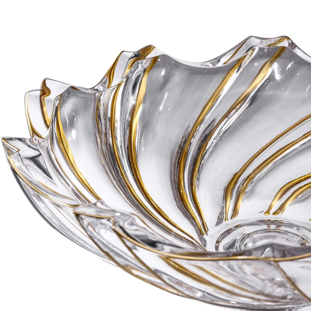 Cuenco decorativo grande pintado a mano con forma de torbellino dorado de 32 cm de diámetro, cuenco de vidrio con patas para encimera de cocina y centro de mesa de comedor.