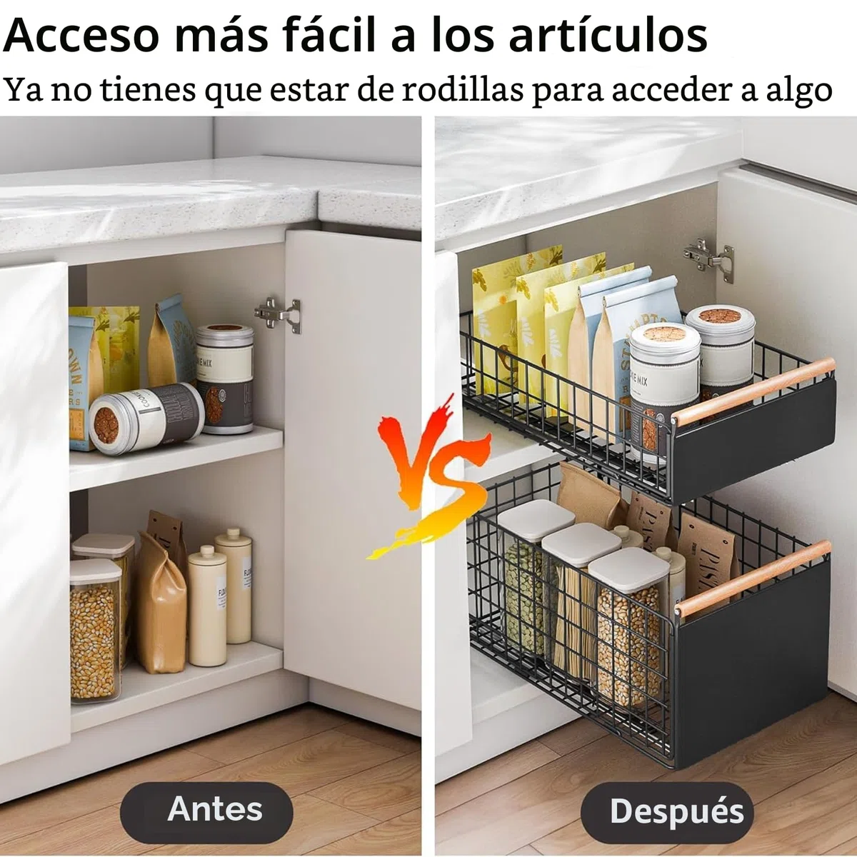 2 Piezas cajones extraibles para cocina, cajon extraible mueble más profundo con rieles para cajones y manija de madera, cajón extraíble de metal para gabinetes de cocina - 40 L x 24 W x 19,5 H CM
