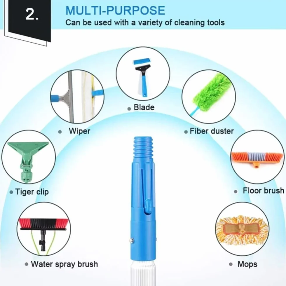 Escobilla de limpieza de ventanas ajustable 2 en 1 con mango alimentado por agua para uso en interiores y exteriores, incluye accesorios de limpieza reemplazables para una limpieza sin esfuerzo