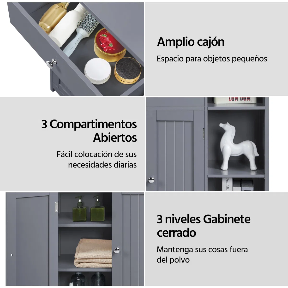 Yaheetech Mueble de Baño de Suelo Auxiliar de Madera Armario Baño con Cajón y Puertas Mueble de Cocina con Estante Ajustable 75 x 30 x 80 cm Gris