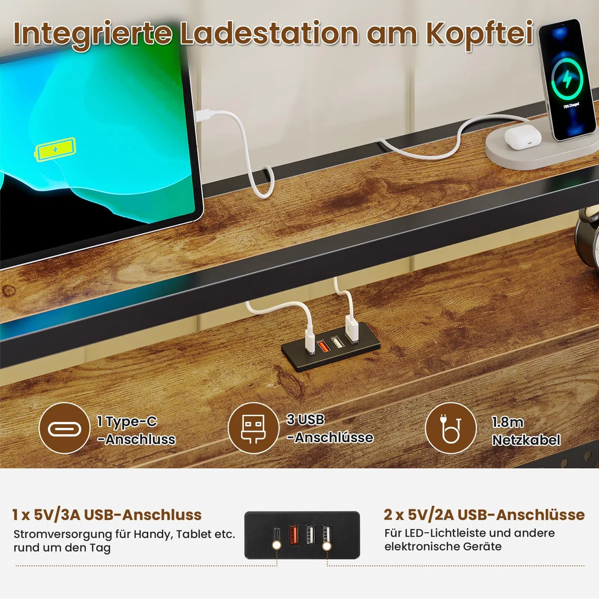 Cama de 160 x 200 cm con somier de láminas de metal, estructura de cama de metal con enchufe y función de carga USB, cama doble con espacio de almacenamiento, cama para dormitorio y habitación de