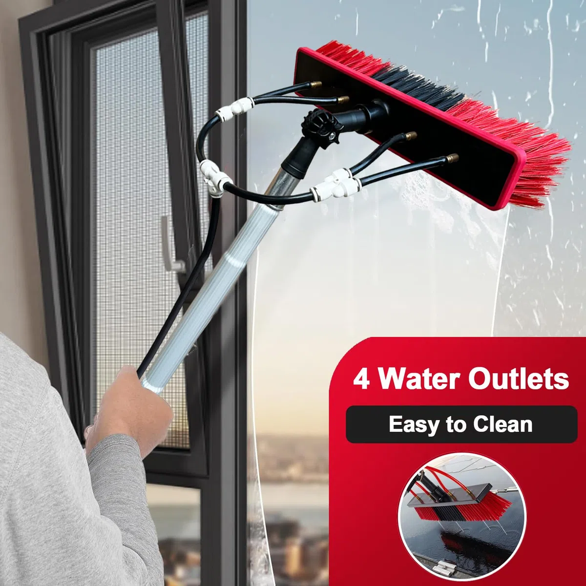 Genérico Cepillo para Ventanas | Extensible telescópico de 3 m a 13,6 m | Pértiga de Aluminio con Suministro de Agua y dispensador de jabón | Limpiador para Paneles solares | Equipo (55 cm,