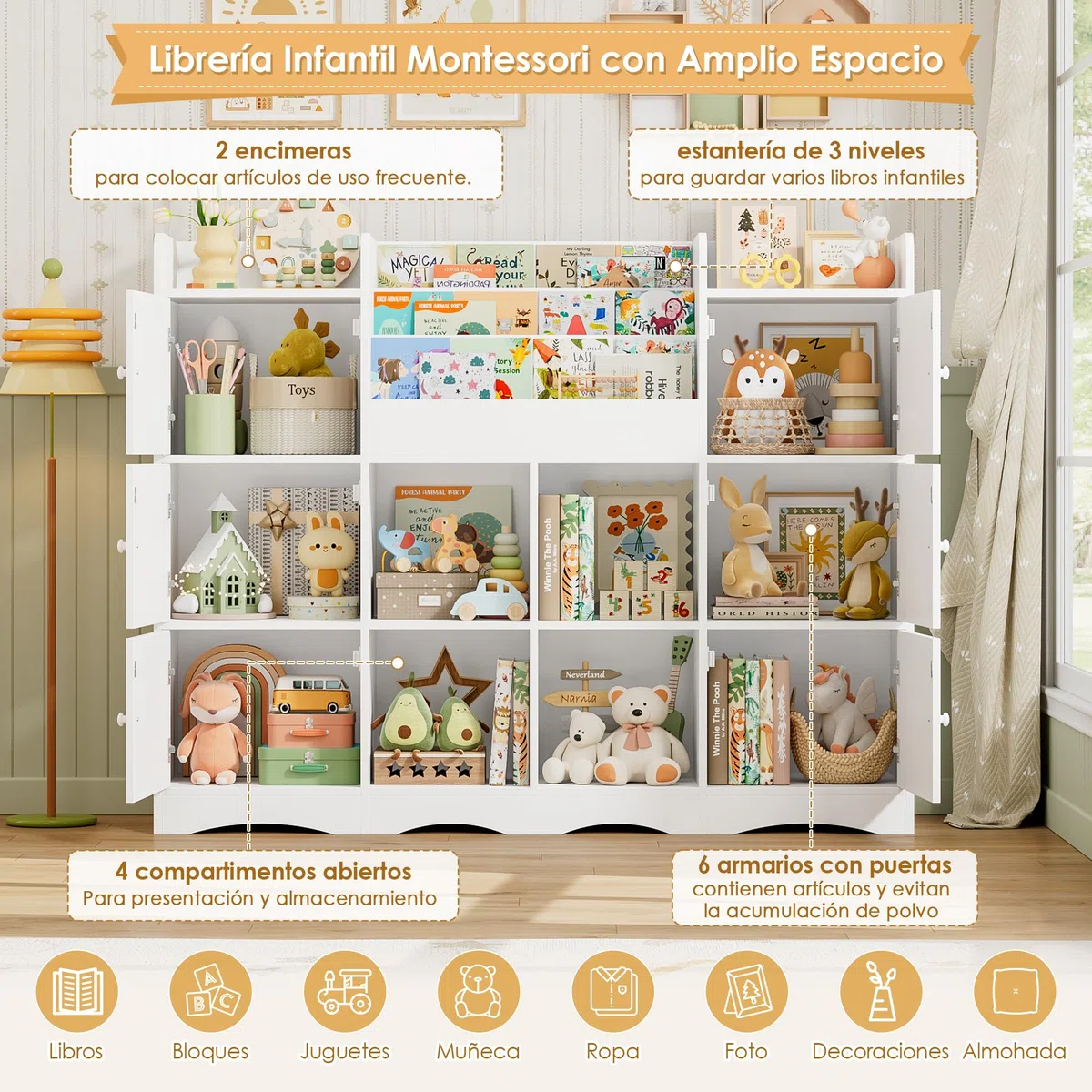 FOREHILL Organizador Juguetes, 6 Armarios con Puertas, Blanco | Estanteria Infantil, 6 Armarios con Puertas, 4 Estantes Abiertos para Dormitorios Guardería, 140x30x106cm