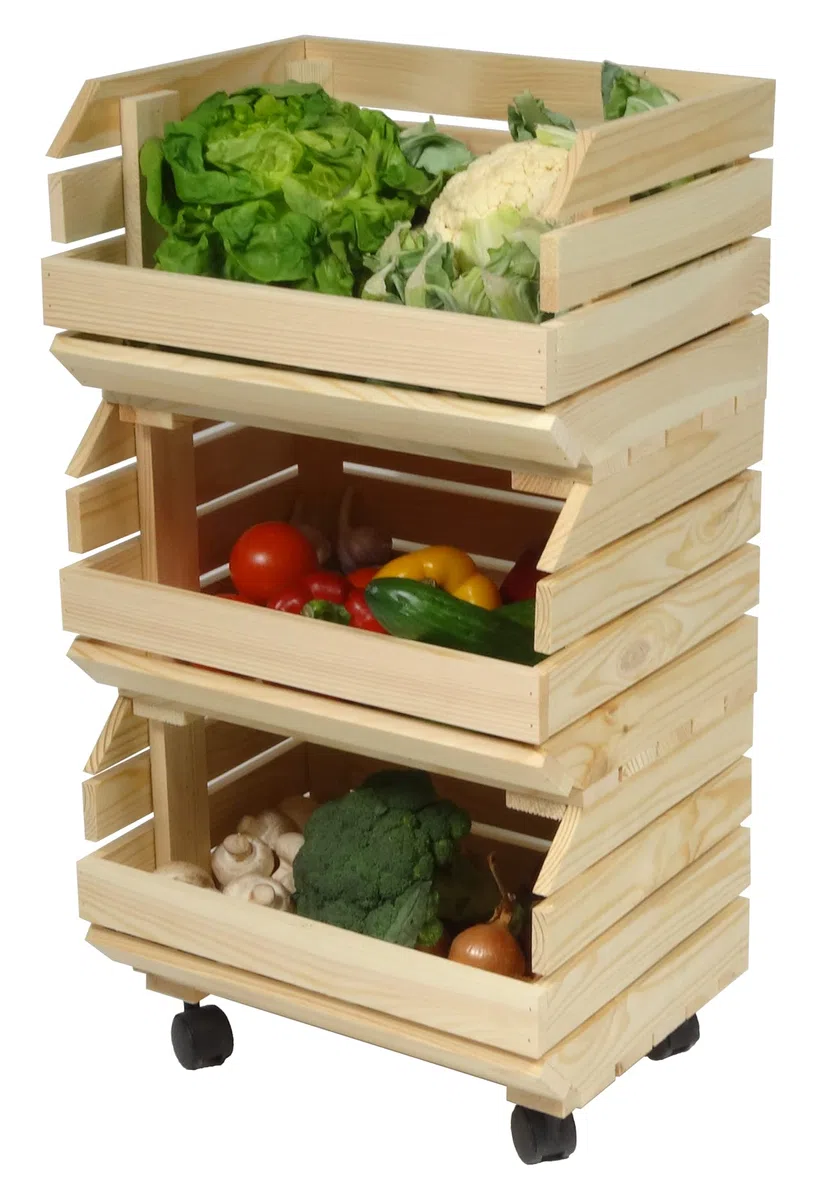 Juego de cajas apilables para verduras con ruedas, 3 cajas de madera, estantería, horda de frutas, caja de patatas, madera natural, con instrucciones