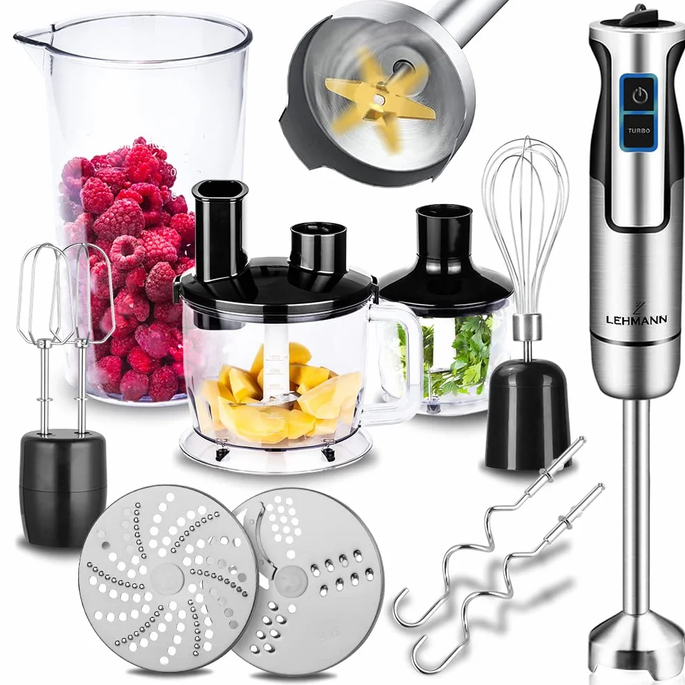 LEHMANN Chopsui Batidora de Mano 1200W, Multifuncional Batidora Mano Acero Inoxidable, 8 Ajustes de Potencia Más Turbo, Set Accesorios, Ideal para Papillas, Sopas, Batidos, Purés, Salsas