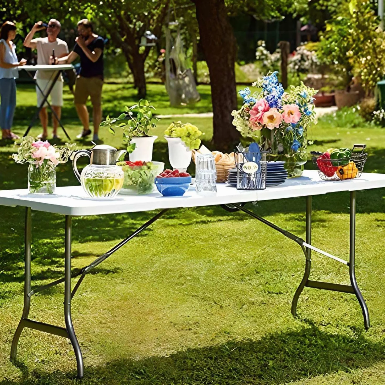 THINIA HOME - Mesa Plegable Rectangular Catering 150cm (Pack 2), Resina/Acero, Interior/Exterior, Jardín y Terraza, Resistente Humedad y Rayos UV, Portátil, 4 Comensales, Dimensiones 150x70x74cm