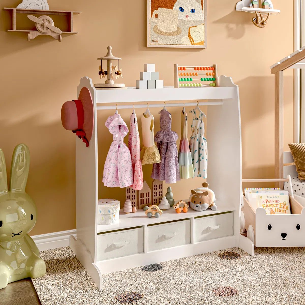 [en.casa] Perchero Burro Infantil Moskenes con 1 Barra Estante Superior 3 Cajas Plegables Extraíbles Armario para Ropa Clóset Dormitorio MDF Textil 107x95x61cm - Blanco