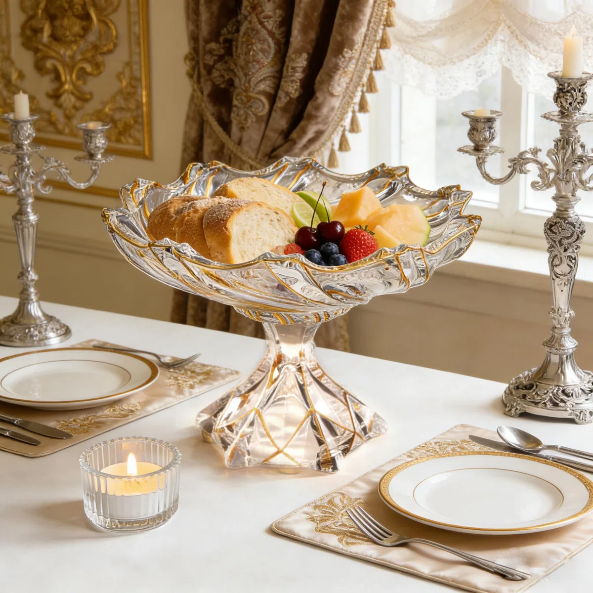 Cuenco decorativo grande pintado a mano con forma de torbellino dorado de 32 cm de diámetro, cuenco de vidrio con patas para encimera de cocina y centro de mesa de comedor.