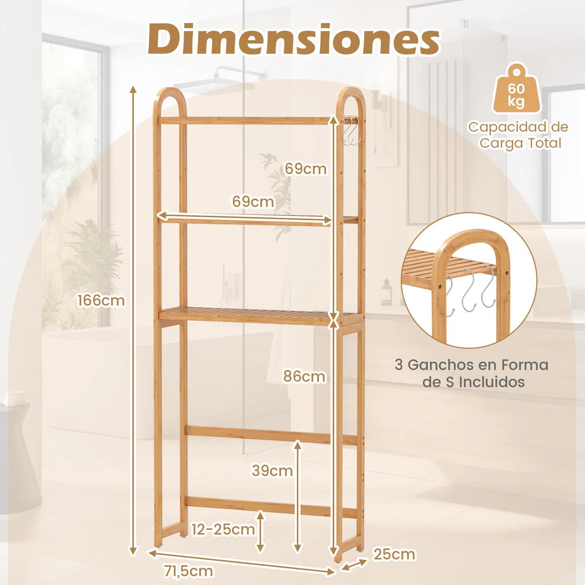 COSTWAY Estantería de Almacenamiento sobre Inodoro, Organizador de Baño de Bambú de 3 Niveles con Estantes de 5 Posiciones, 3 Ganchos, Barra Inferior Ajustable, Ahorra Espacio para Cuarto de Lavado