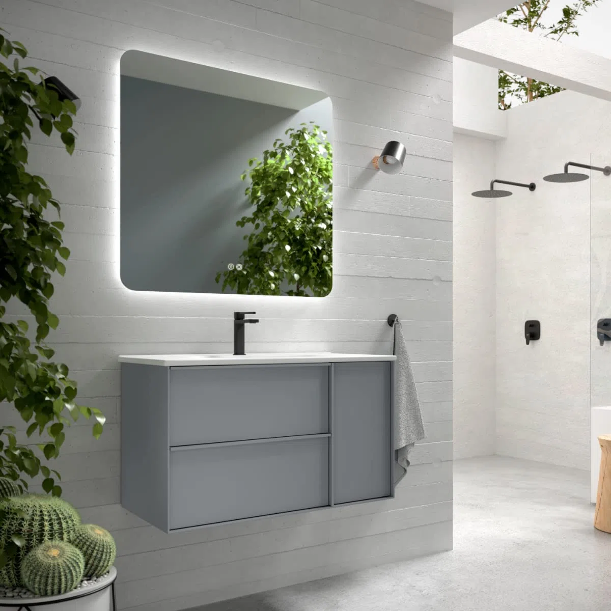 Mueble de Baño Suspendido con Lavabo Cerámico Oslo | Mueble Baño Volado de 2 Cajones con Puerta Lateral con Cierre Amortiguado y Organizador | Mist Mate | 80cm
