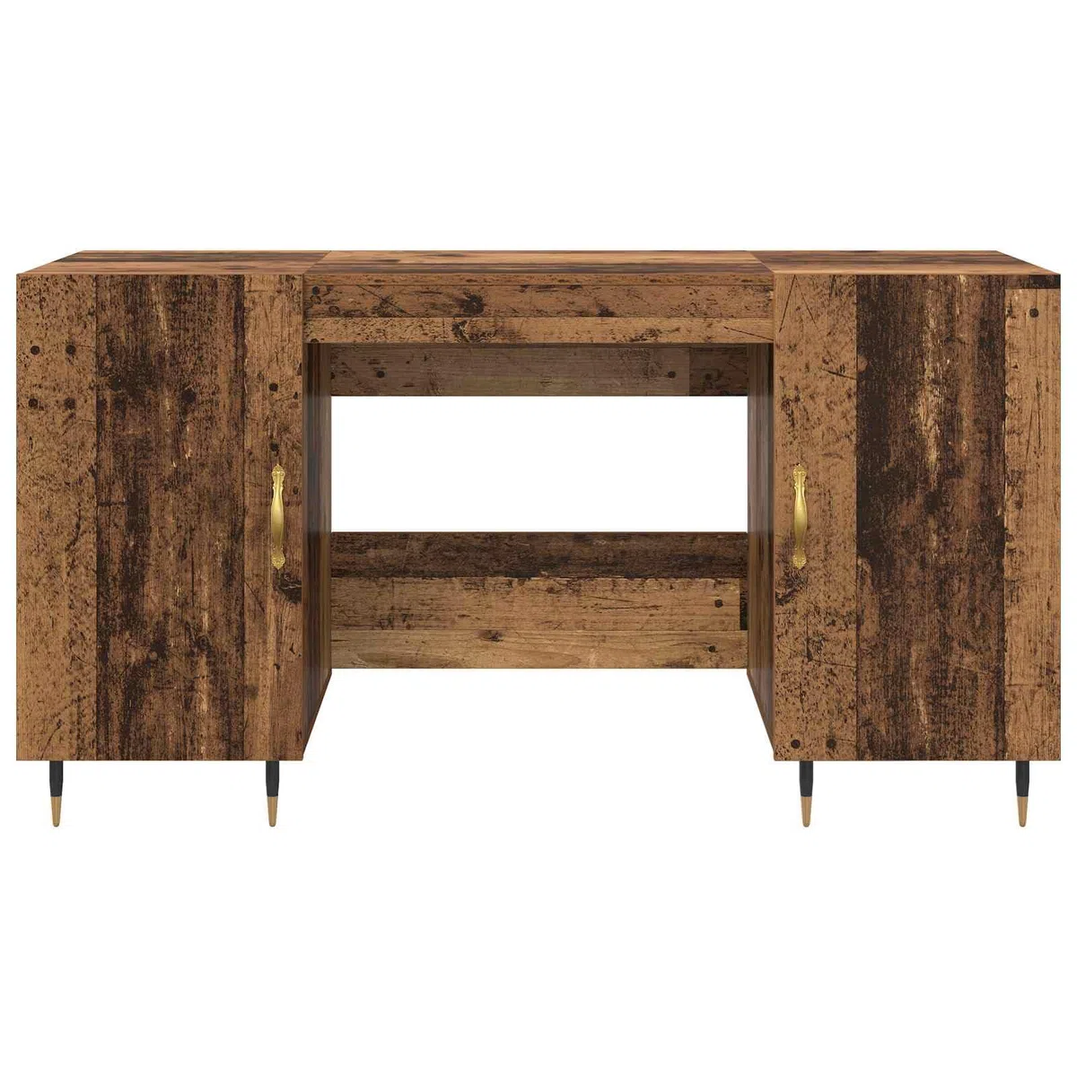 Escritorio con estante de madera recuperada 140 x 50 x 75 cm, material de madera mate, espacio de almacenamiento con 2 puertas y estantes, ergonómico para oficina, oficina en casa, estudio