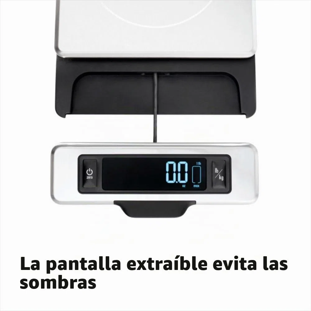 OXO Good Grips Balanza de Cocina de Acero Inoxidable de 5 kg: Pantalla Extraíble para Visualización sin Sombras + Números Digitales Fáciles de Leer + Diseño Compacto