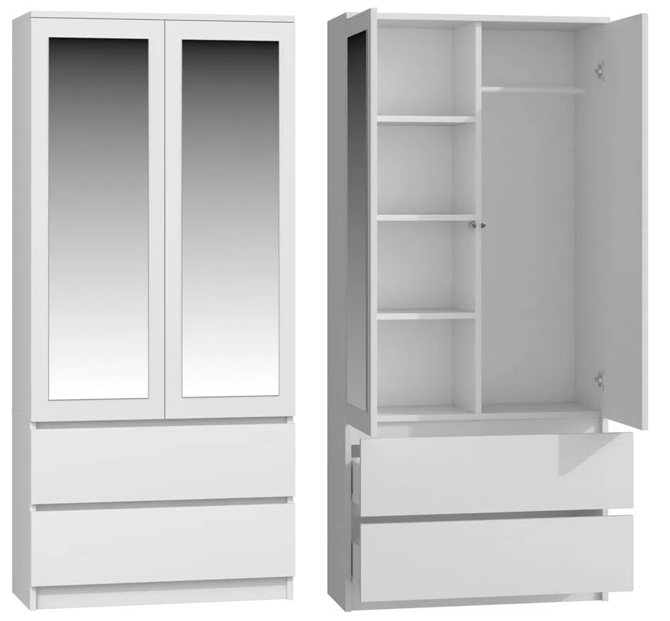 BDW Armario con espejo, 90 x 180 x 50 cm, 2 cajones, 4 estantes, ideal para un dormitorio, pasillo, habitación infantil u oficina, perchero, perchero (blanco)