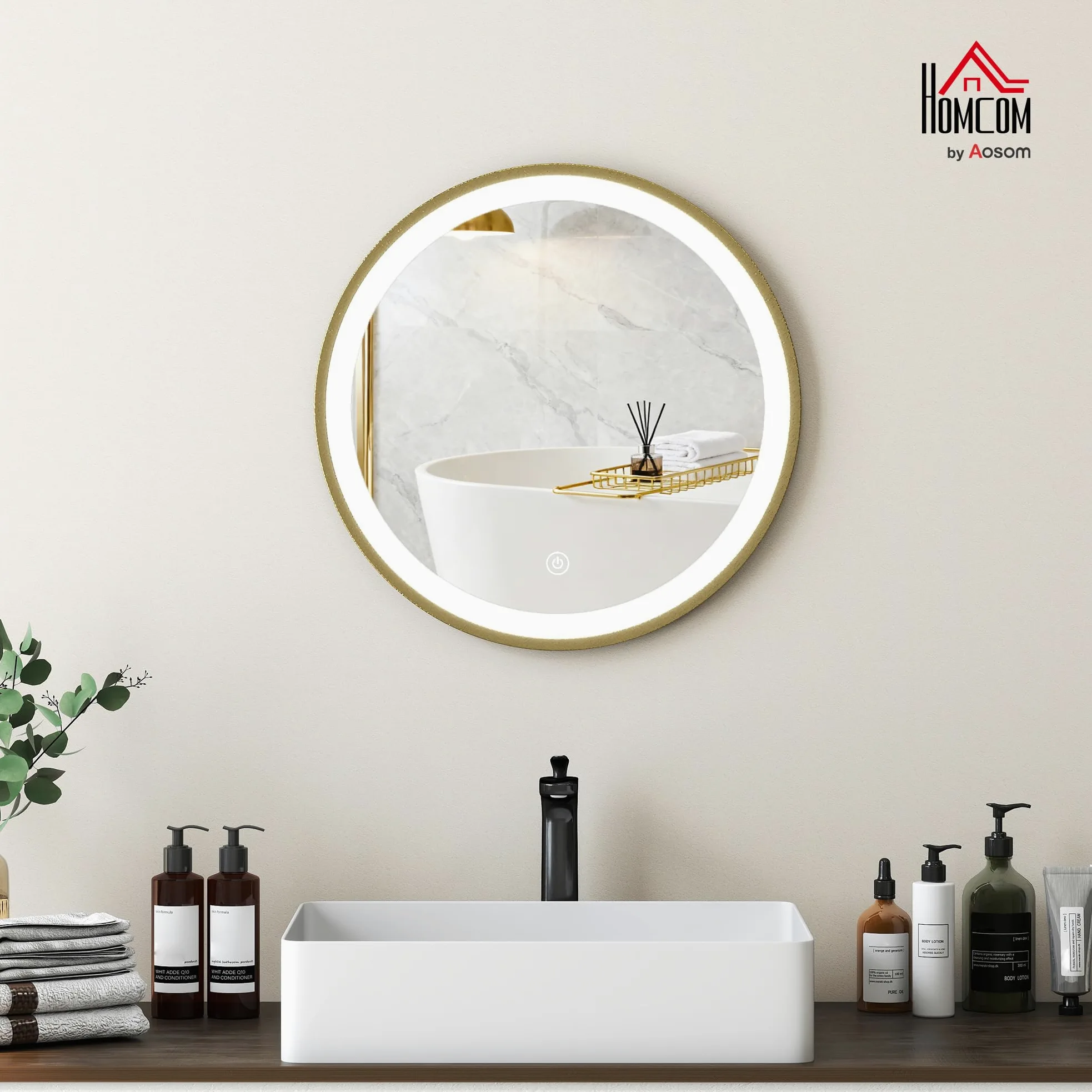 HOMCOM Espejo de baño con iluminación LED, redondo, 40 cm, espejo de pared con 3 temperaturas de color, intensidad de luz ajustable, interruptor táctil, dorado