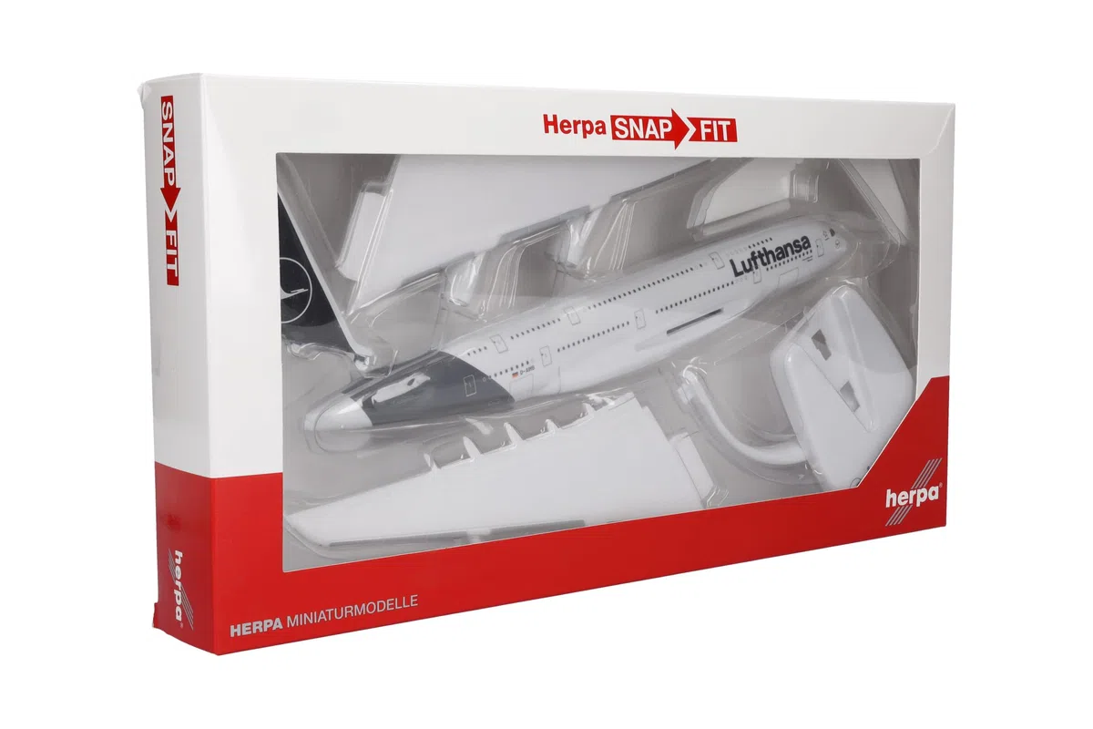 Herpa 612319-Airbus A380, biplano de Lufthansa, Alas, aeromodelismo con Soporte, construcción de maquetas, Modelos en Miniatura, Objeto de colección, plástico, Ajuste a presión-Escala 1:250 (612319)