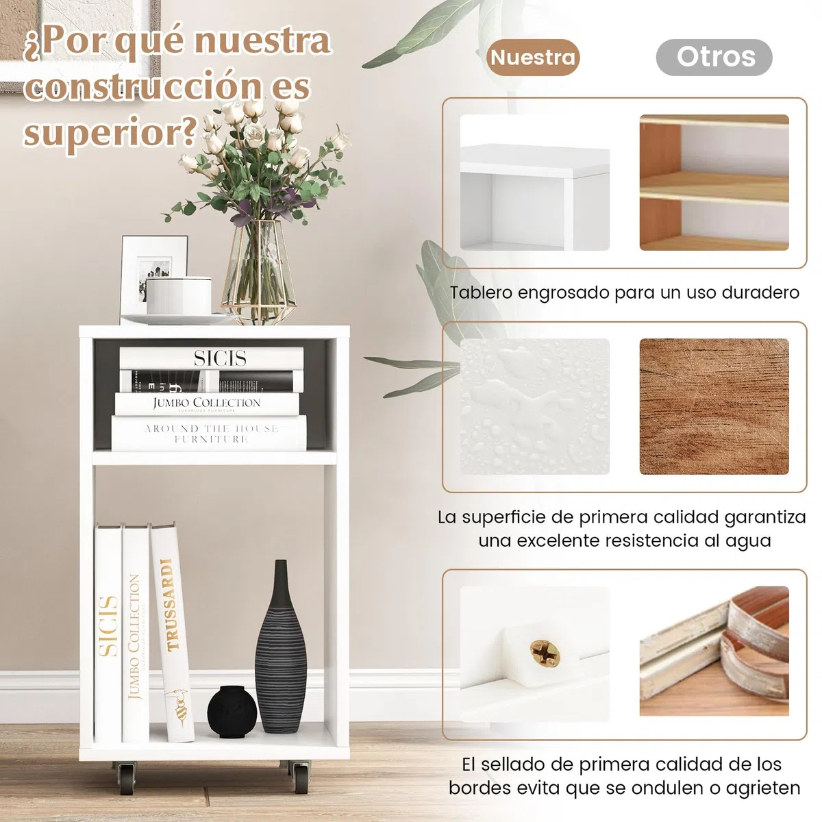 COSTWAY Cajonera Escritorio, Cajonera Oficina con 2 Estantes Abiertos, Cajonera con Ruedas, 33 x 30 x 58 cm, Soporte para Impresora Casa, Oficina, Blanco