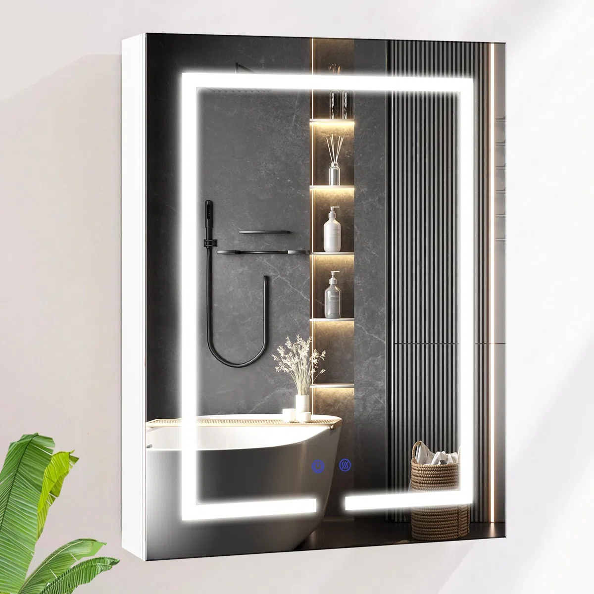 Armario con espejo de baño con iluminación LED, 3 luces ajustables, armario con espejo grande con estante y enchufe, armario de pared antivaho para ahorrar espacio, 60 x 80 cm, color blanco