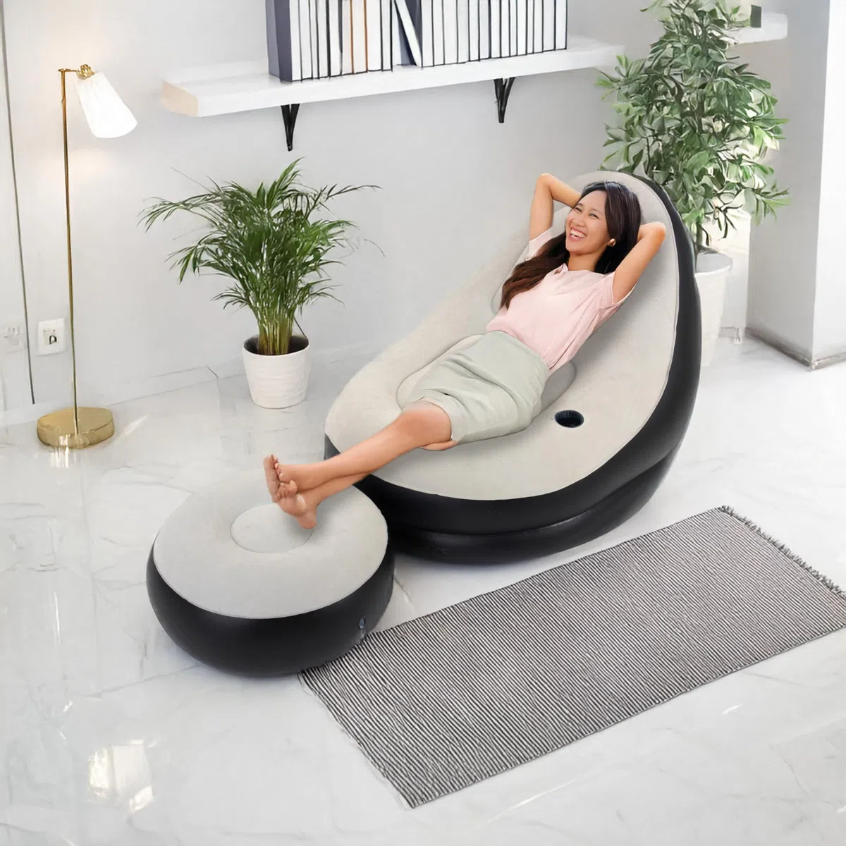 AVENLI Sillón Hinchable Flocado, PVC, Gris y Negro, Grande