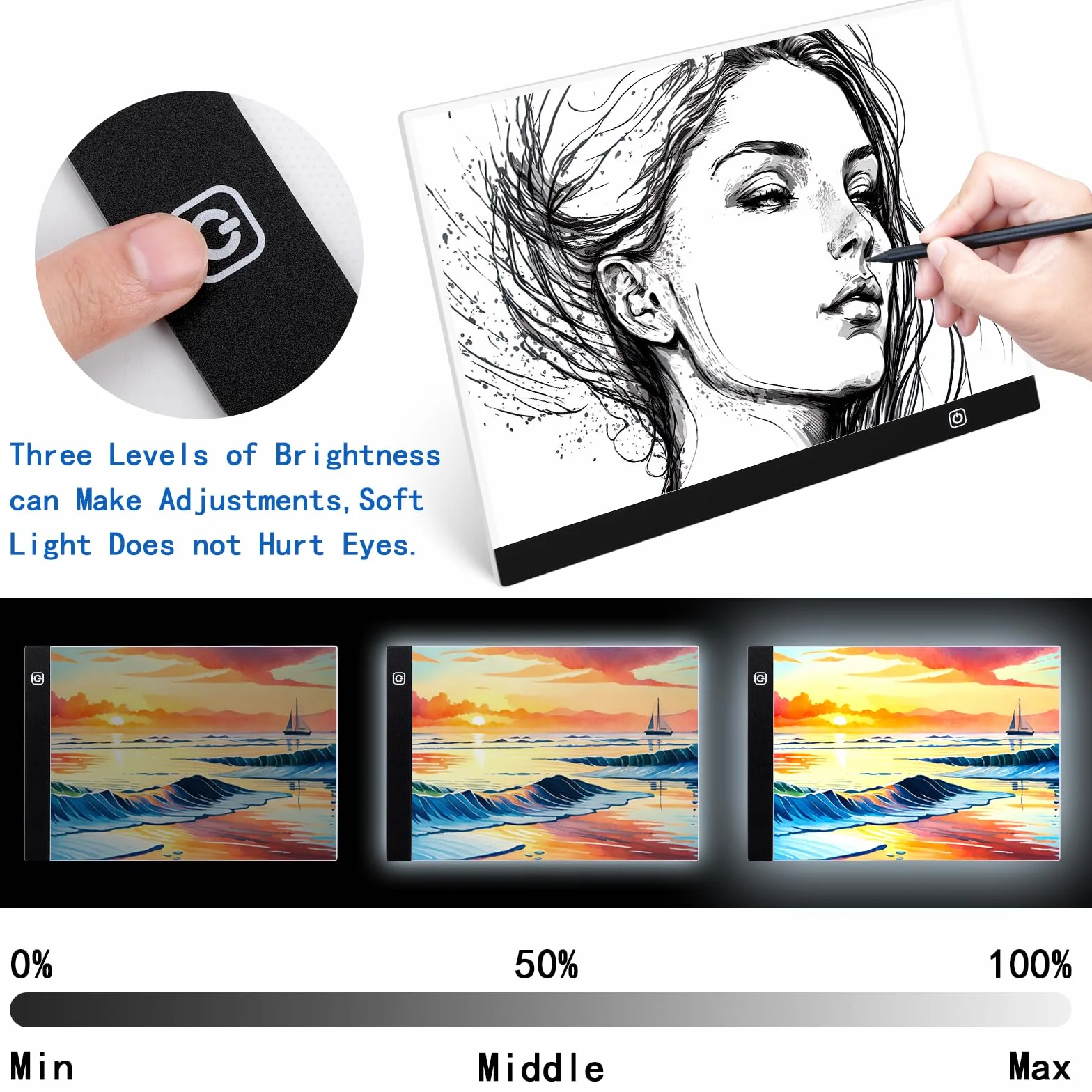 Coolzon Almohadilla de luz A3 para dibujar y pintura de diamantes, con 3 brillos ajustables y interruptor táctil