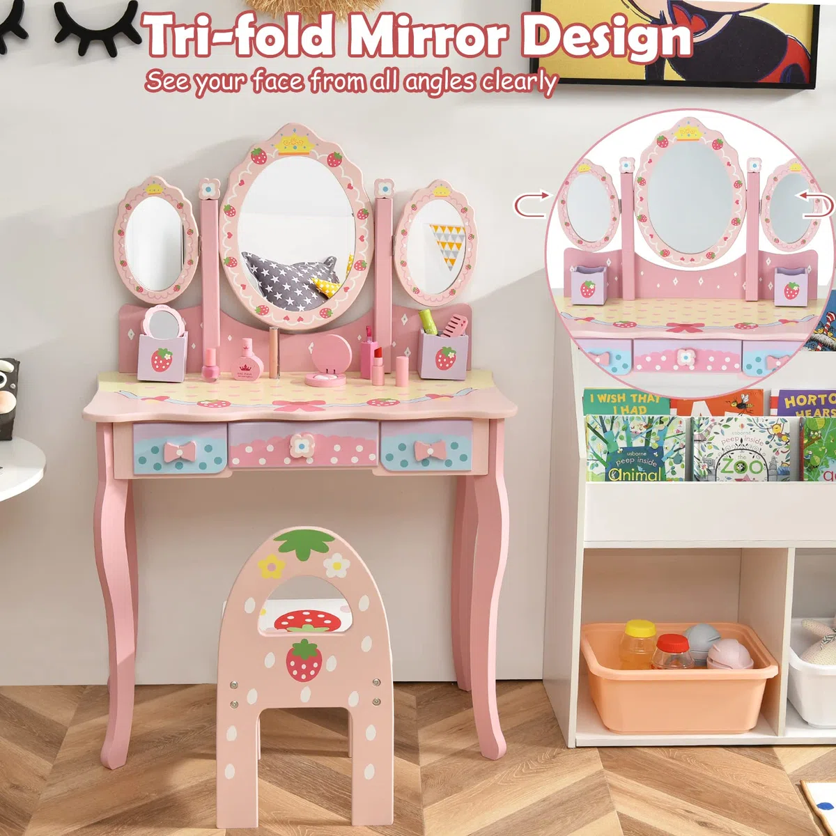 LIFEZEAL Tocador Infantil con Espejo, Juego de tocador de Maquillaje con Taburete, Mesa de Madera con Espejo extraíble, Escritorio con 3 cajones y 2 Cajas para niñas 3 años（Rosa）