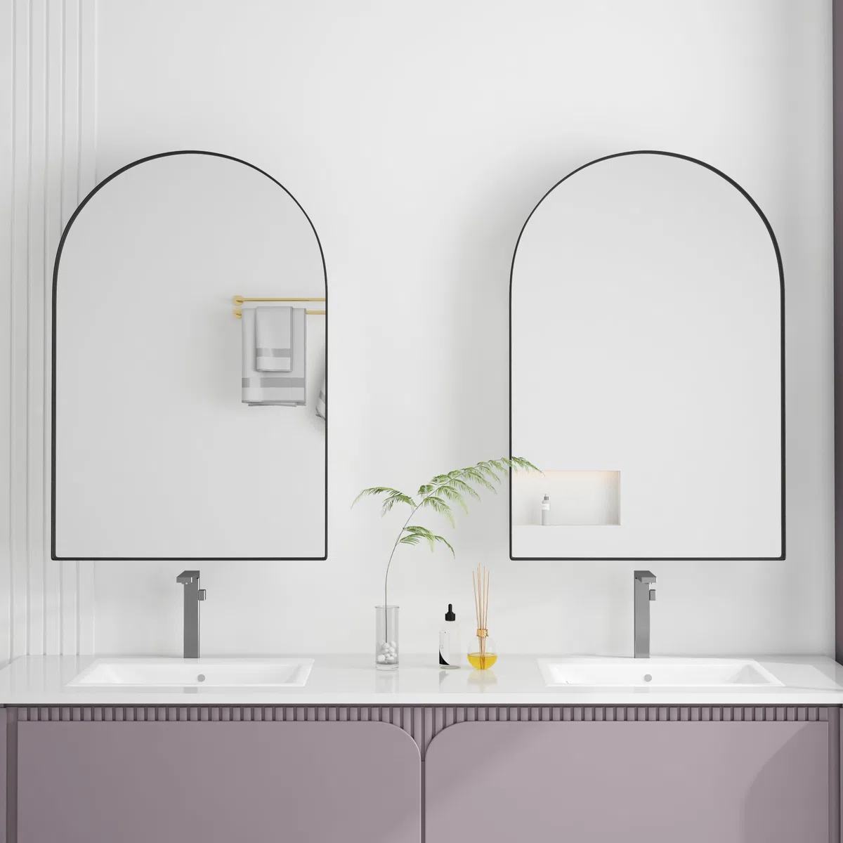 MURUL Armario con espejo de arco redondo negro con marco de metal, espejo y estantes ajustables – para baño, salón y dormitorio