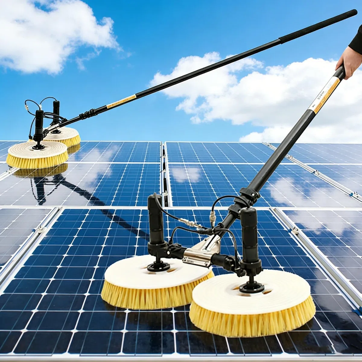Cepillo de Limpieza Solar de Doble Cabezal, Alcance de Limpieza de 65 cm, con pértiga telescópica y Longitud Ajustable, Apto para centrales eléctricas, Plantas solare(Mains Electricity,7.5M)