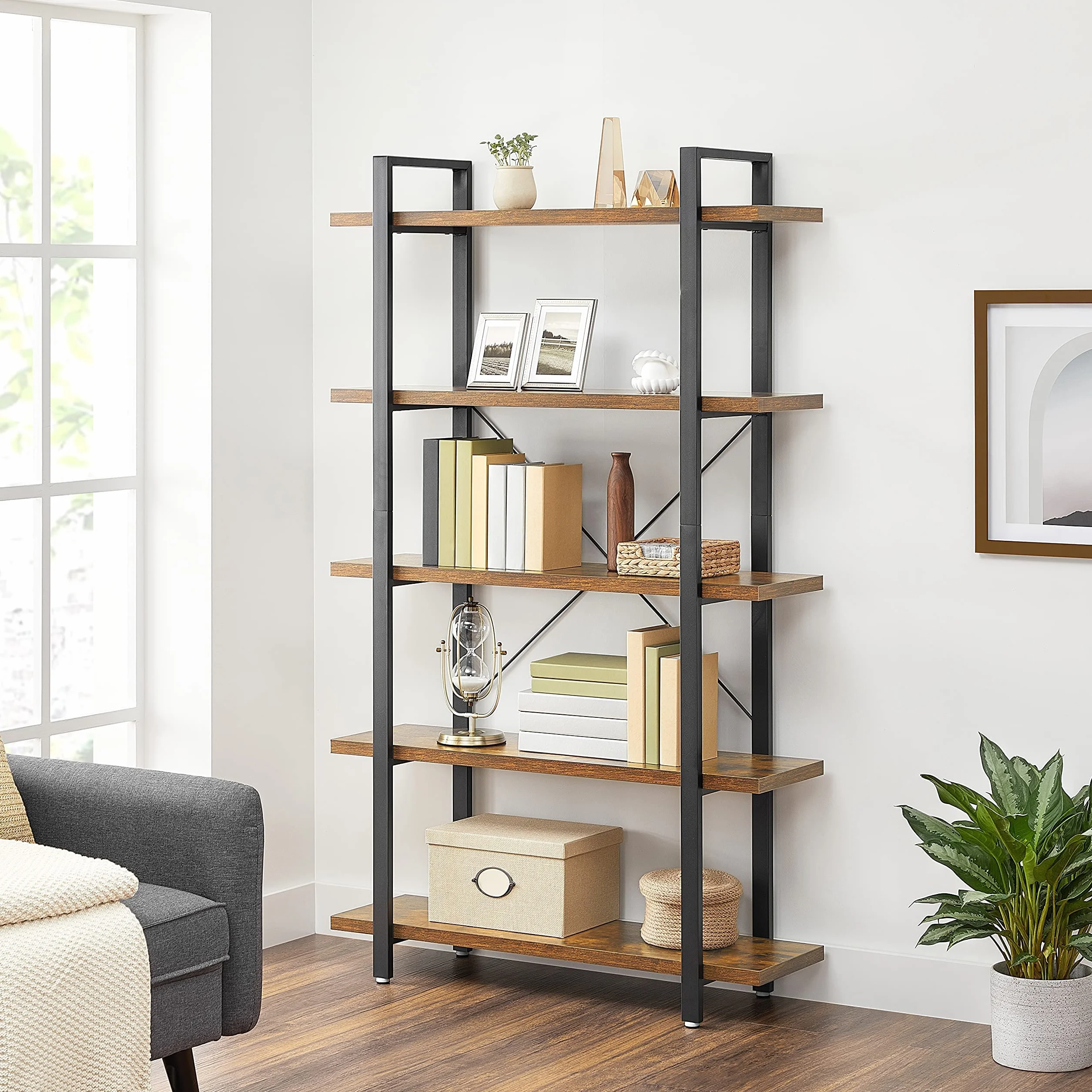 VASAGLE Estantería Industrial, Librería Estable de 5 Capas, Almacenamiento, Estantería Divisoria de Pie, Fácil Montaje, Sala, Dormitorio, Oficina, Marrón Rústico LLS55BX