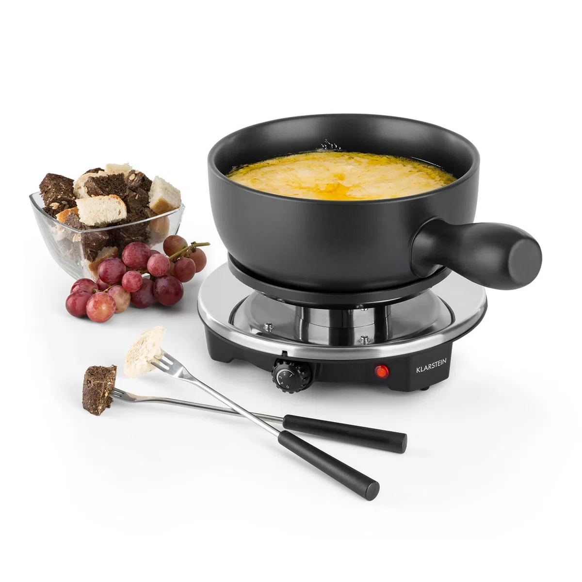 Klarstein Sirloin - Fondue de Queso, Para fiestas, Olla de cerámica esmaltada, Potencia de 1200 W, Placa de aluminio fundido, Termostato, Antideslizante, Negro