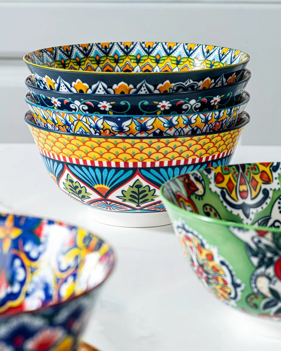 HENXFEN LEAD Cuencos para muesli de porcelana, cuencos grandes para sopa, muesli, ensalada y pasta, etc. Coloridos, paquete de 6 - Estilo bohemio