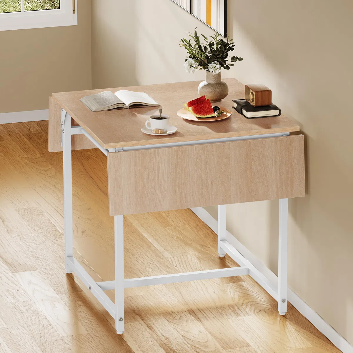YITAHOME Mesa de Comedor Plegable, Mesa de Hoja de Gota Extensible con Estante de Almacenamiento y 4 Patas Ajustables, Asientos para 2-6 Personas, 120 x 78 x 75 cm, Roble Amarillo y Blanco